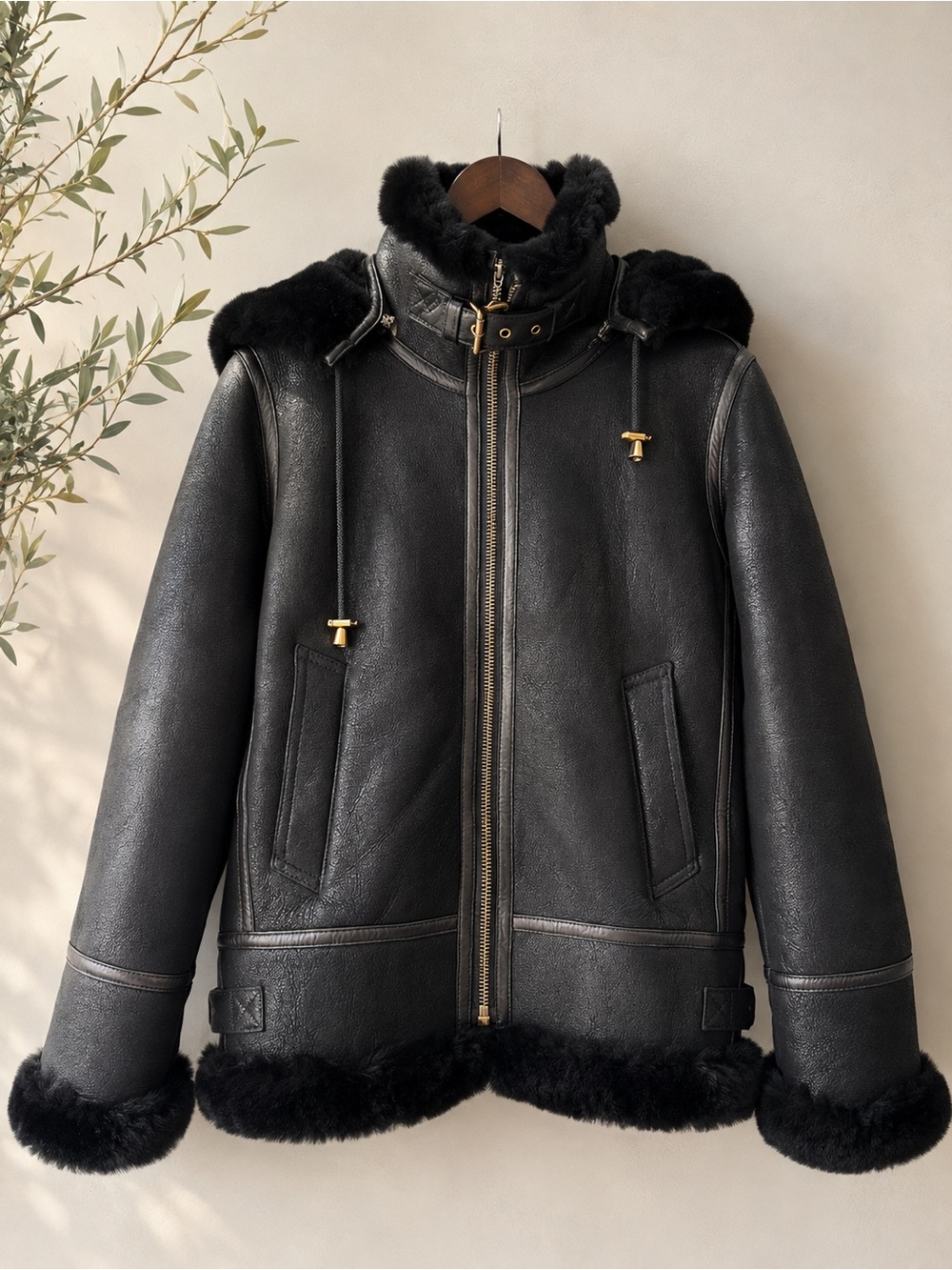 NWT Quince 100% Shearling Cold Weather Bomber Jacket Black XS